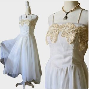 Vtg 70s Tea Dress In 50s Style, Leaf Detail, Wedding/Party, XS